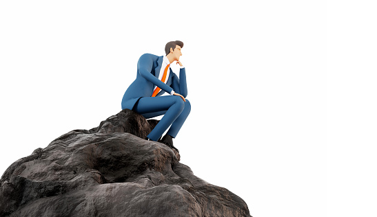 Successful businessman in suit sits on top of the rock, mountain. Thinking businessman. Solving the problems, analysing, finding solution concept. 3D rendering illustration