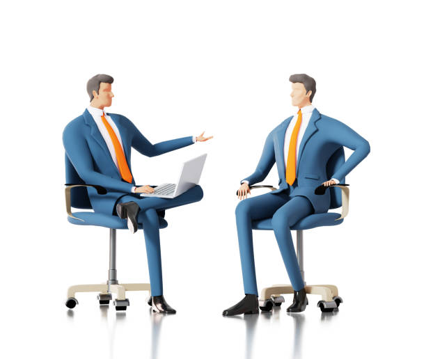 istock Successful confident business people sit in chairs, taking, discussing the project, make agreements.  3D rendering illustration 1433795769