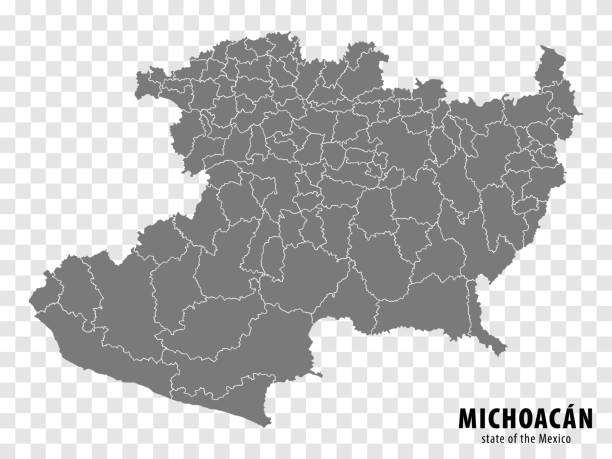 mapa stanu michoacan w meksyku na przezroczystym tle. pusta mapa michoacan z regionami w kolorze szarym dla projektu strony internetowej, logo, aplikacji, interfejsu użytkownika. meksyk. eps10. - michoacan state stock illustrations