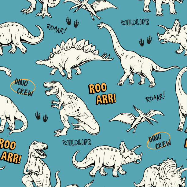 illustrazioni stock, clip art, cartoni animati e icone di tendenza di modello senza cuciture del dinosauro. - stegosauro