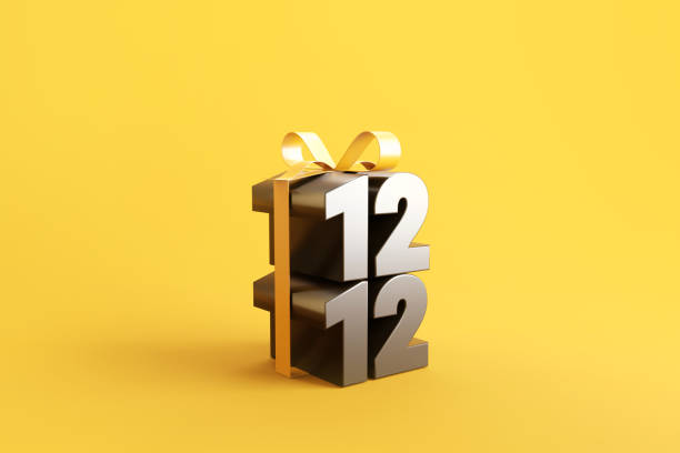 12.12 акция в день покупок в подарочной коробке на желтом фоне, идея и креатив - number 12 стоковые фото и изображения