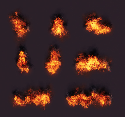 Selection of pieces of fire with smoke.