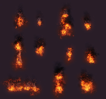 Selection of pieces of fire with smoke.