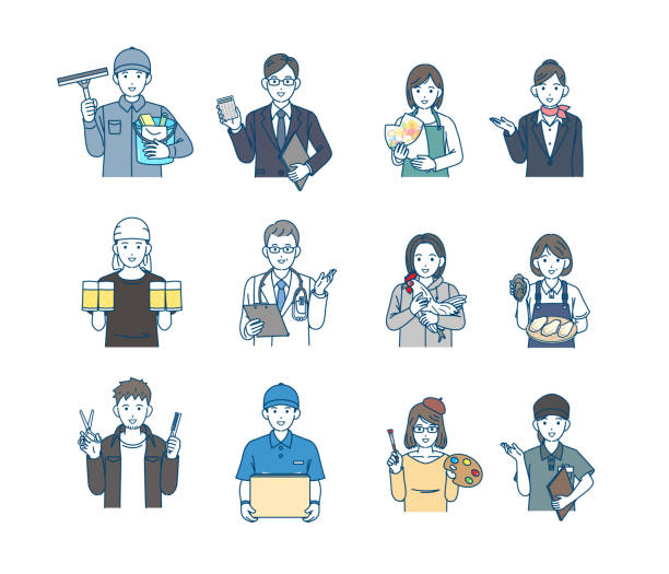 ilustrações de stock, clip art, desenhos animados e ícones de people working in various professions - various occupations illustrations