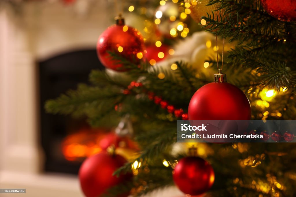 Christmas tree with beautiful decor indoors, closeup. Space for text Christmas Tree Stock Photo