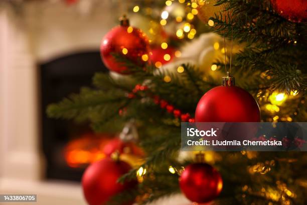 Christmas Tree With Beautiful Decor Indoors Closeup Space For Text Stock Photo - Download Image Now