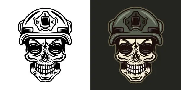 Vector illustration of Skull of soldier in protective helmet vector illustration in two styles monochrome on white and colorful on dark background