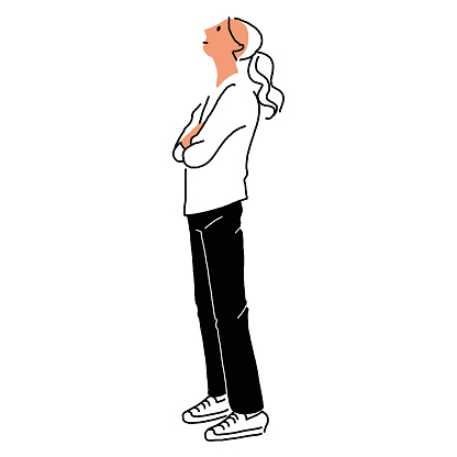 Full body line drawing vector of a woman looking up