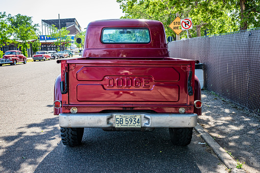 Falcon Heights, MN - June 19, 2022: High perspective rear view of a 1958 Dodge W-100 Power Wagon Pickup Truck at a local car show.