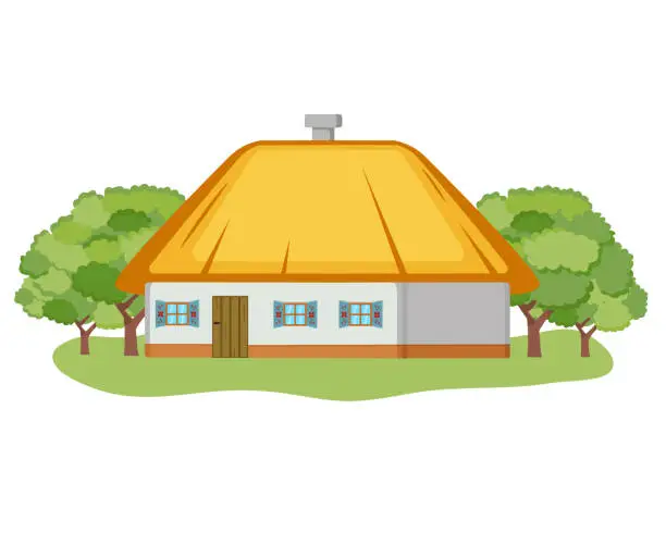 Vector illustration of Ukrainian national dwelling is the hata. Painted house in the old national style
