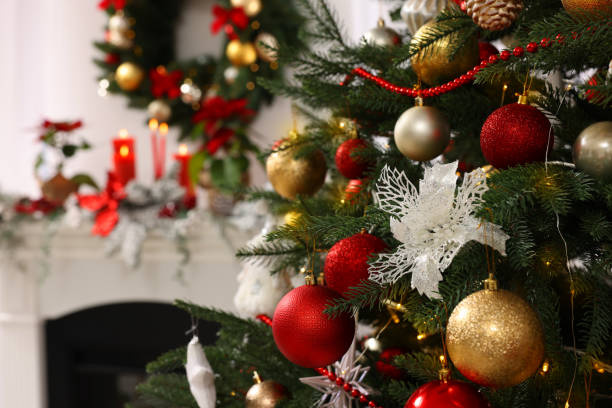 istock Christmas tree with beautiful decor indoors, closeup. Space for text 1433809321