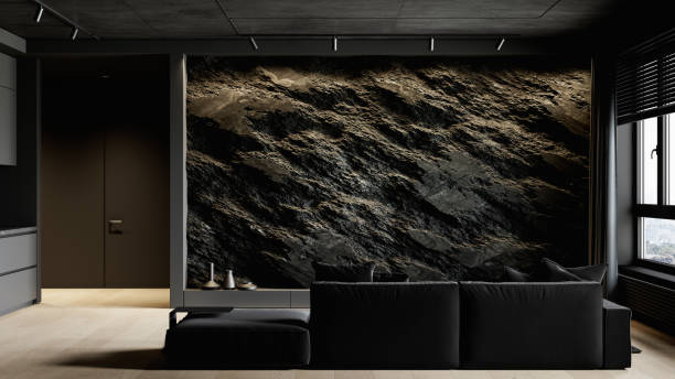 istock Contemporary black interior with rock stone wall, sofa and decor. 3d render illustration mockup. 1433809687