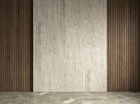 Blank wall with wood and stone panels. 3d render illustration mockup.