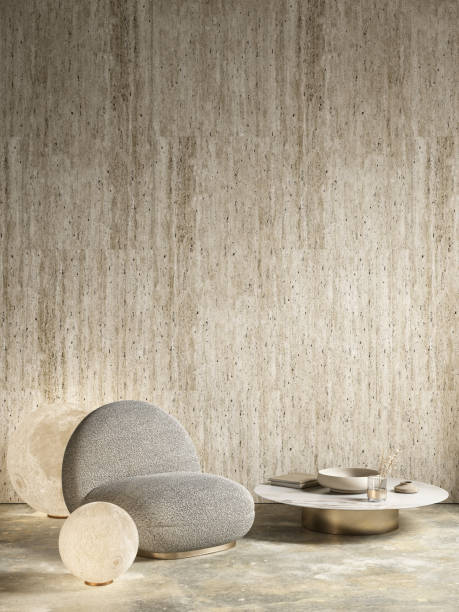 istock Interior with armchair, decor, moon lamp and marble, stone wall. 3d render illustration mockup. 1433811170