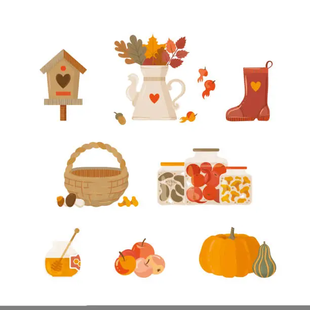 Vector illustration of Cozy autumn set. Nesting box, jar with leaves, rubber boot, basket, pickles, honey, apple and pumpkin harvest