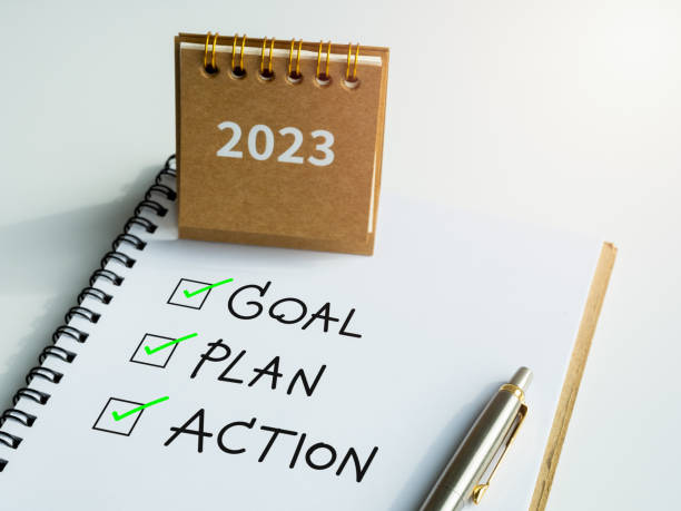 istock Goal, plan and action, text with checkmarks on notepad with pen and small beige desk calendar on white background. Business motivation, resolution, inspiration concepts. 1433814230