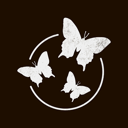 Black and white vintage sign for print of three flying butterflies