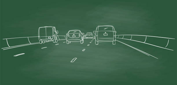 Cars Driving Down The Road Chalkboard Three lane highway with cars and delivery vans, in a sketch illustration car traffic jam traffic driving stock illustrations