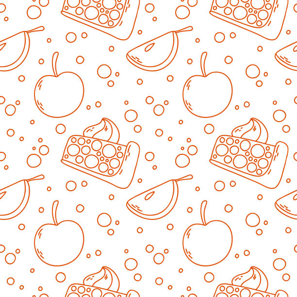 ilustraciones, imágenes clip art, dibujos animados e iconos de stock de crumble de manzana con crema y manzanas. - portion apple food pattern