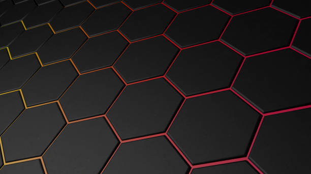 istock 3d hexagon black background. Technology abstract geometry dark backdrop with honeycomb and neon texture. Science, technology, network concept 1433821421