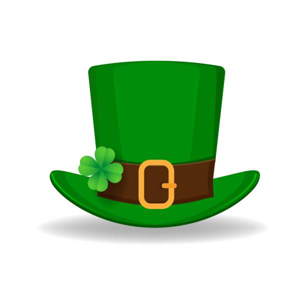 Patrick hat. Green hat with four leaf clover isolated on white background. Happy St. Patrick's day. Usable as icon, banner, design element. Vector illustration. Patrick hat. Green hat with four leaf clover isolated on white background. Happy St. Patrick's day. Usable as icon, banner, design element. Vector illustration. leprechaun hat stock illustrations