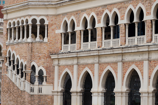 Architectural detail of old colonial style Sultan Abdul Samad building, Kuala Lumpur, Malaysia.