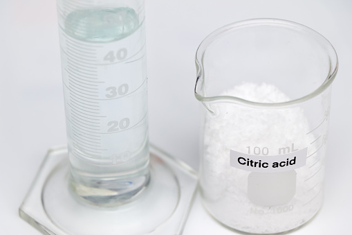 Citric acid in glass, chemical in the laboratory and industry, Chemicals used in the analysis