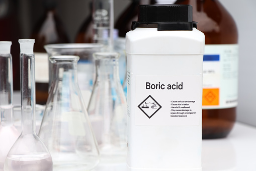Boric acid in bottle, chemical in the laboratory and industry, Chemicals used in the analysis