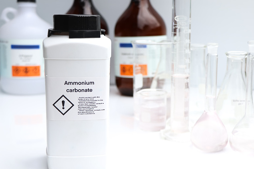 Ammonium carbonate in bottle, chemical in the laboratory and industry, Chemicals used in the analysis