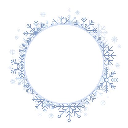 White circle snowflakes new year. Winter round background with snowflakes. Winter snowflakes background. Circle frame. Space for text. Snowflakes behind white empty frame. Vector illustration
