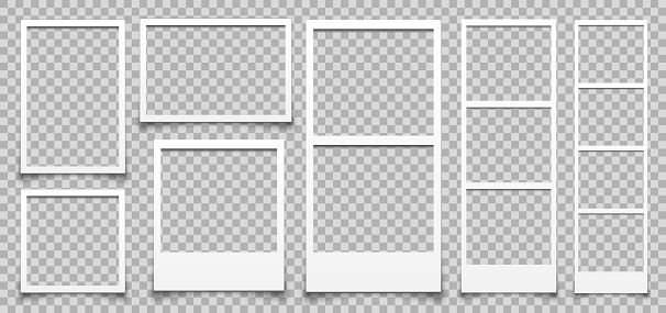 Empty white different photo frame with shadows. Set realistic photo card frame mockup - stock vector