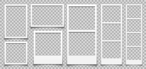 Vector illustration of Empty white different photo frame with shadows. Set realistic photo card frame mockup - stock vector