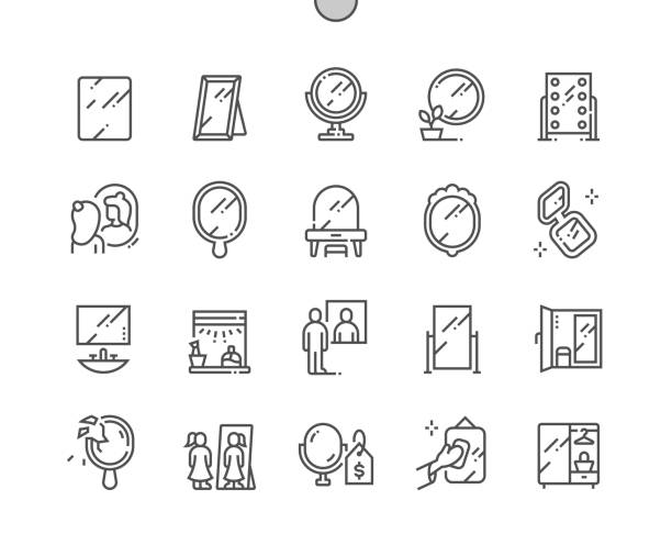 ilustrações de stock, clip art, desenhos animados e ícones de mirror. self reflection. various mirrors - round, makeup, full length, bathroom interior. furniture store. pixel perfect vector thin line icons. simple minimal pictogram - ellipse interface icons shiny glass