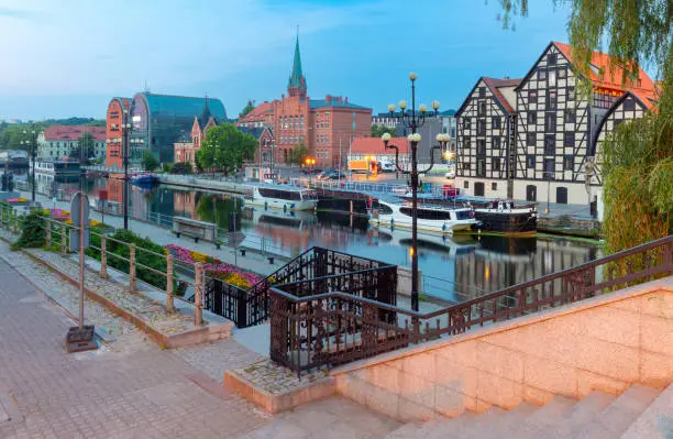 The central city embankment and the river at dawn. Bydgoszcz. Poland.