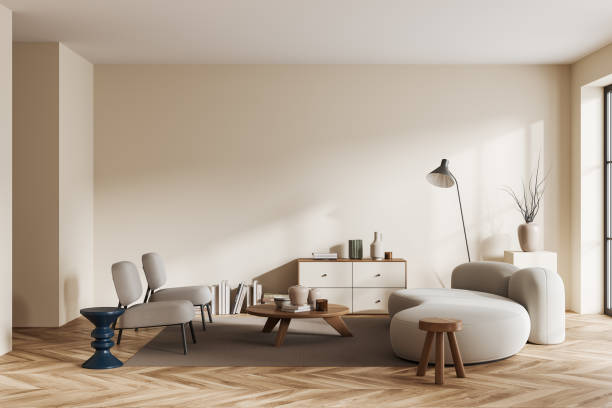 istock Light chill interior with armchairs and couch with decoration. Mockup empty wall 1433836081