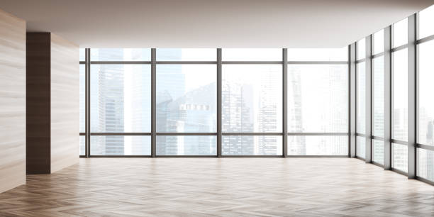 istock Light empty hall with panoramic window on Singapore skyscrapers 1433836139