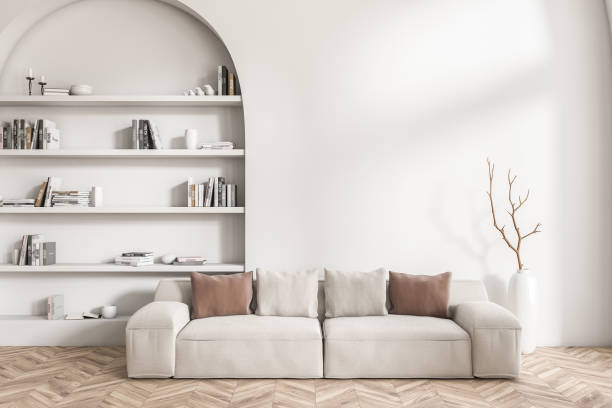 istock Light lounge interior with couch and shelf with decoration. Mockup wall 1433836279