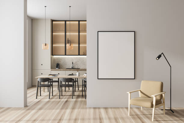 istock Kitchen interior with armchair and eating area with table. Mock up frame 1433836476