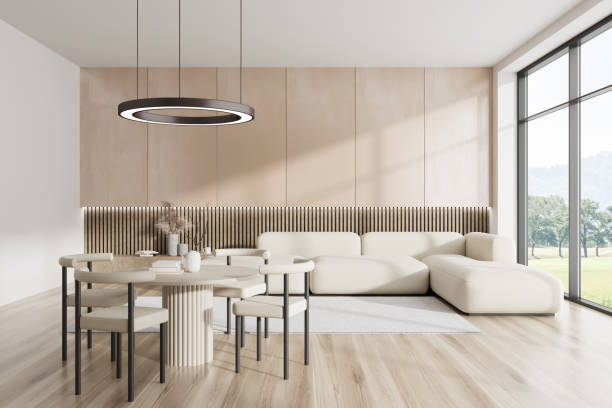 istock Light living room interior with eating table and couch, panoramic window 1433836575