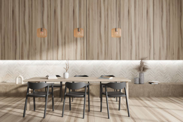istock Stylish meeting room interior with dining table and seats, decoration 1433836593