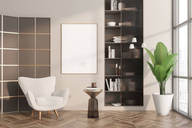 istock Light guest room interior with seat and decoration, window and mockup frame 1433836822