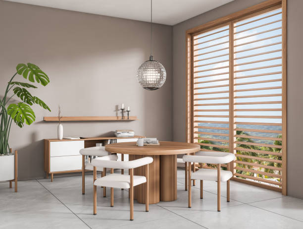 istock Light meeting room interior with table and chairs, decor and window. Copy space 1433836858