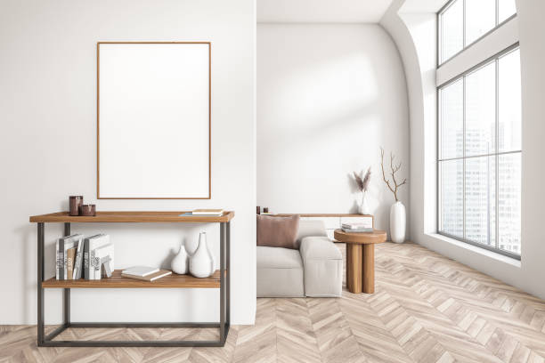 istock Light chill room interior with shelf and couch near window, mockup frame 1433836896