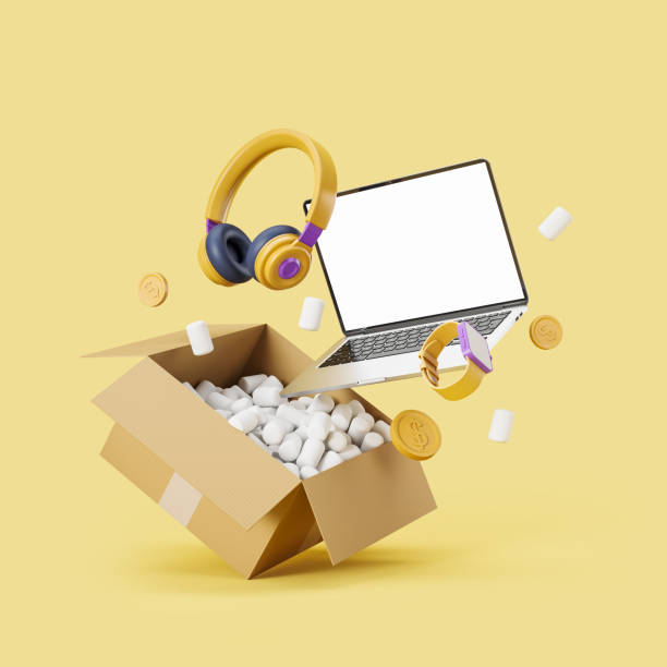 istock Cardboard box and digital devices delivery. Mockup display 1433836909