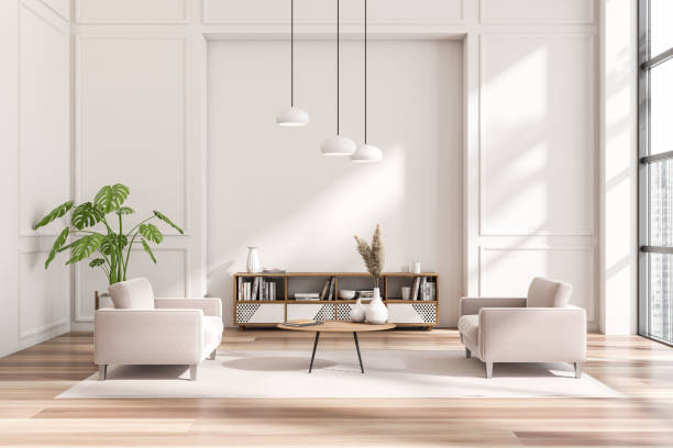 istock Light meeting room interior with soft chairs and decoration, panoramic window 1433837014