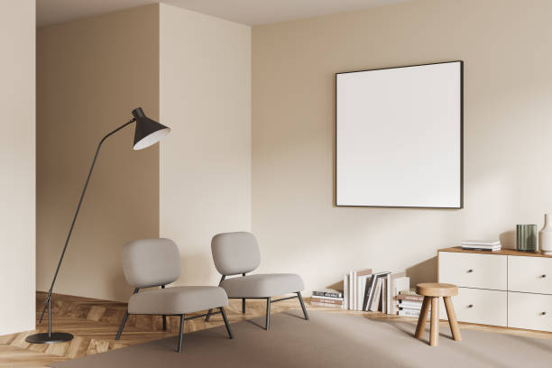 istock Light chill interior with two armchairs and dresser with decoration, mockup frame 1433837159