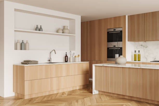 istock Light kitchen interior with bar countertop and cooking area with kitchenware 1433837302