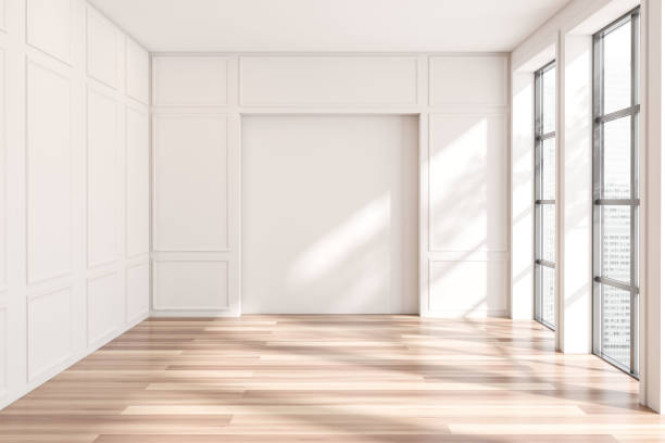 istock Bright empty living room interior with blank white wall 1433838628