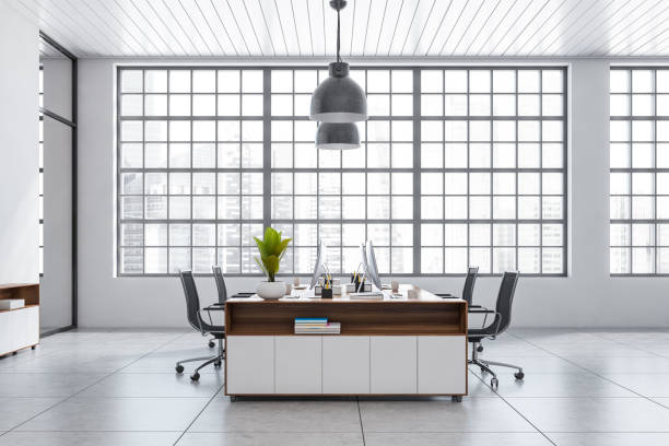 istock Office interior with pc computer, desk and panoramic window on skyscrapers 1433838852