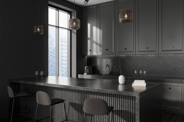 istock Grey kitchen interior with bar countertop and chairs, kitchenware and window 1433839029